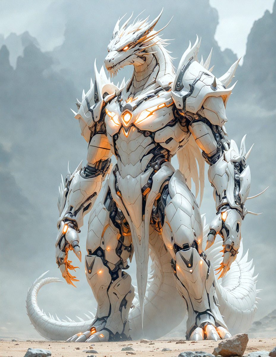 The primary subject of the image is a white dragon with a long tail. The dragon is standing in a snowy environment, which adds to the overall atmosphere of the scene. The visual style of the image is digital art, as it appears to be a computer-generated or digitally rendered image. The colors in the image are predominantly white, which gives the dragon a clean and pristine appearance.